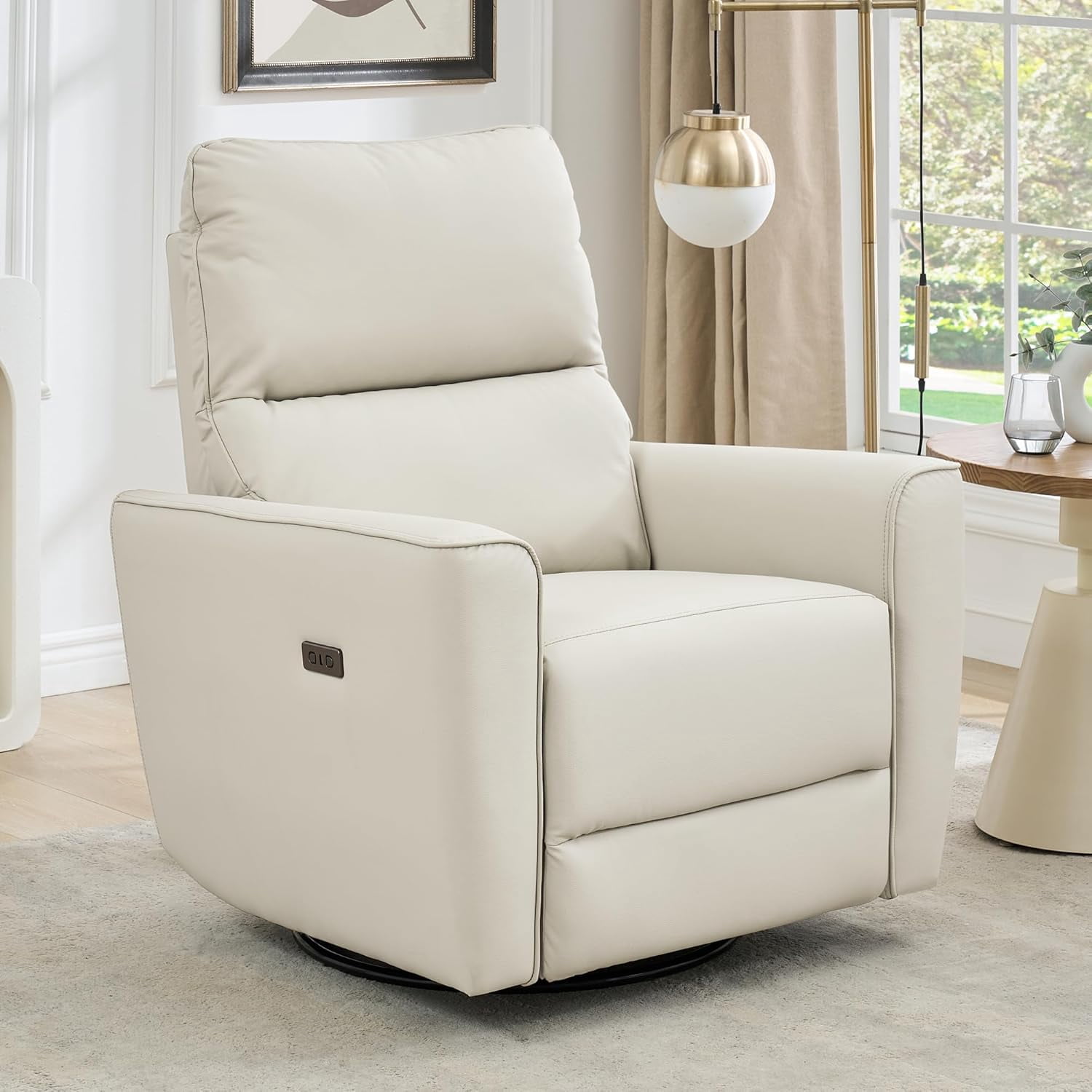 Power Recliner Chair 270° Swivel Rocking Glider with USB Port PU Leather Upholstered Nursery Chair with Adjustable Backrest for Living Room Office Home Theater and Nursery