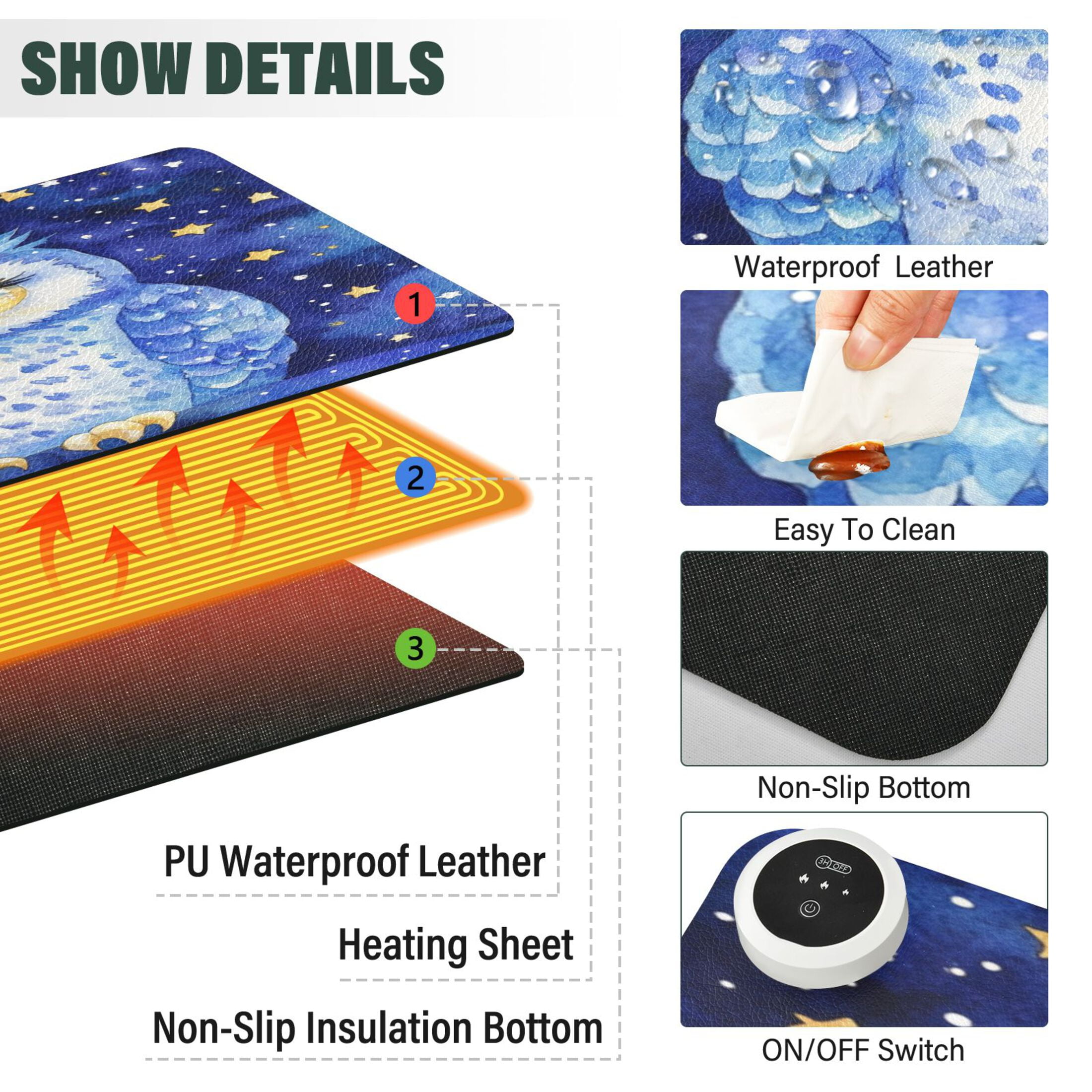 Wobogo Blue Starry Owl Heated Mouse Pad Extra-Large Desk Mat With 3 Heating Levels and 3-hour Auto Shut-Off Protection Ideal for Computer Keyboards Home Office Hand-warming Essential 31.5in × 13in