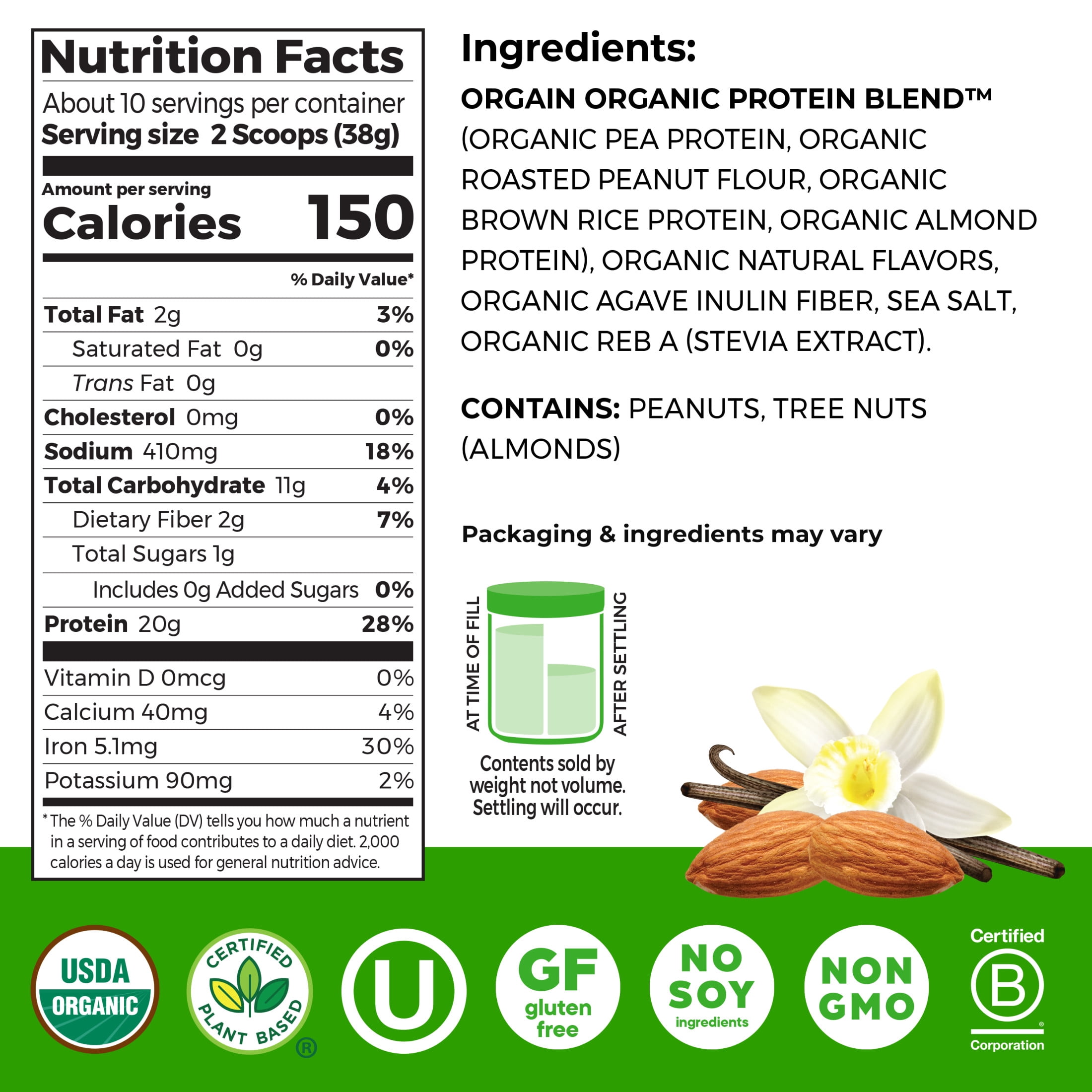 Orgain X JUSTIN’S® Organic Plant & Nut Butter 20g Vegan Protein Powder, Vanilla Almond Butter 13.28oz