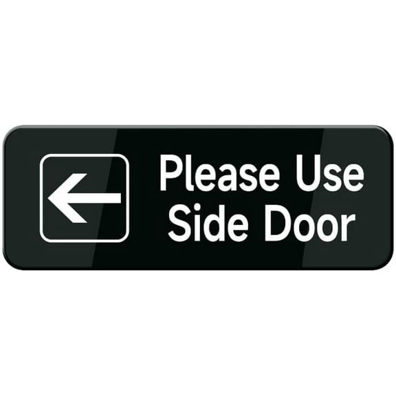 Please Use Side Door With Left Arrow Wall Or Door Sign- Black & White Acrylic Sign For Business Store, Shop, Cafe, Office, Restaurant - Back Self Adhesive Plastic
