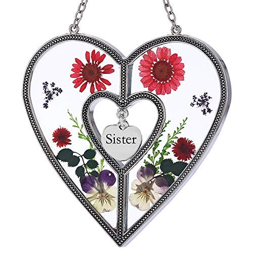KY&BOSAM Sister Heart Suncatchers Ornament Stained Glass Heart Suncatcher Wind Chime with