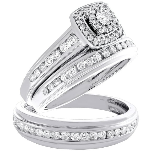 14K White Gold Diamond Trio Set Tiered Halo Bridal Rings   Wedding Band 0.87 Ct.