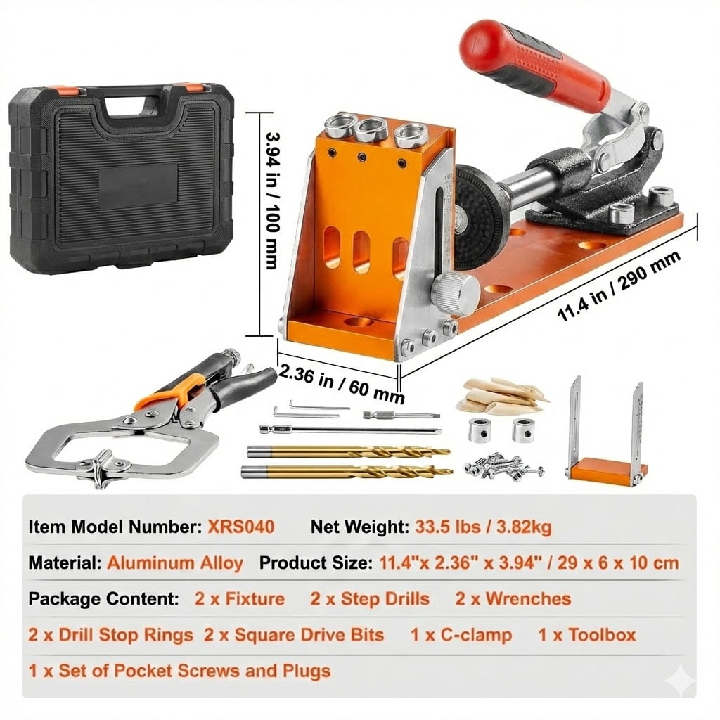 Pocket Hole Jig Kit, 34 Pcs Pocket Hole Jig System with 11" C-clamp,  Fixture, Step Drills, Wrenches, Drill Stop Rings, Square Drive Bits, Toolbox, Adjustable, for DIY Carpentry Projects