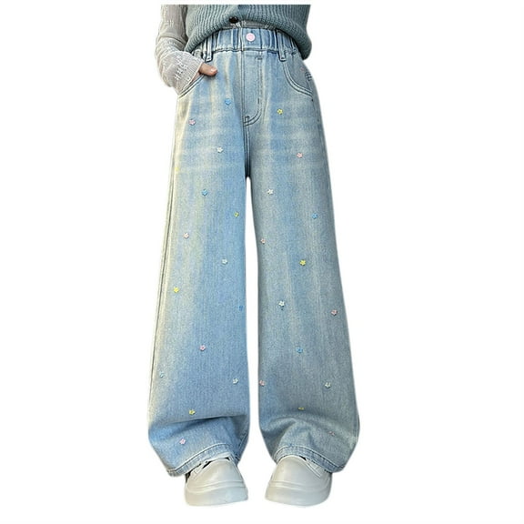 Babcutegg Kid Girls Jeans Straight Leg Side Pockets Wide Leg Girls Denim Pants Blue Size 14