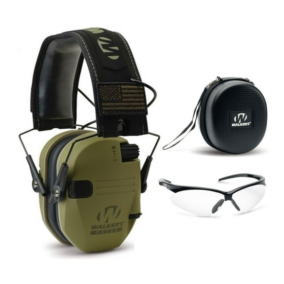 Walker’s Razor Slim Electronic Muff (USA Green) with Case and Shooting Glasses