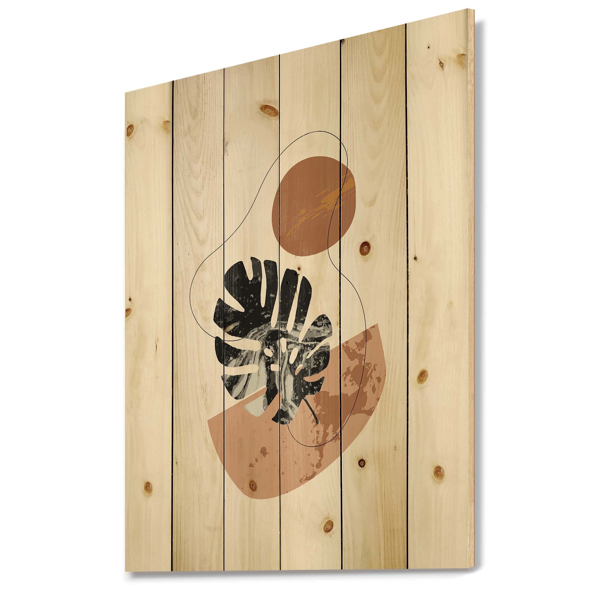 Designart 'Abstract Tropical Monstera Shapes and Leaves' Modern Print on Natural Pine Wood