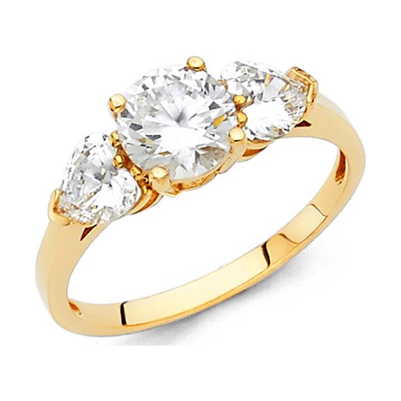 14k Yellow Italian Gold Round & Heart 1.55 ct CZ Engagement Ring