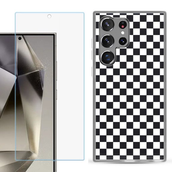 OneToughShield ® Compatible with Samsung Galaxy S24 Ultra, Shockproof Phone Case, with Tempered Glass Screen Protector - Checker B/W