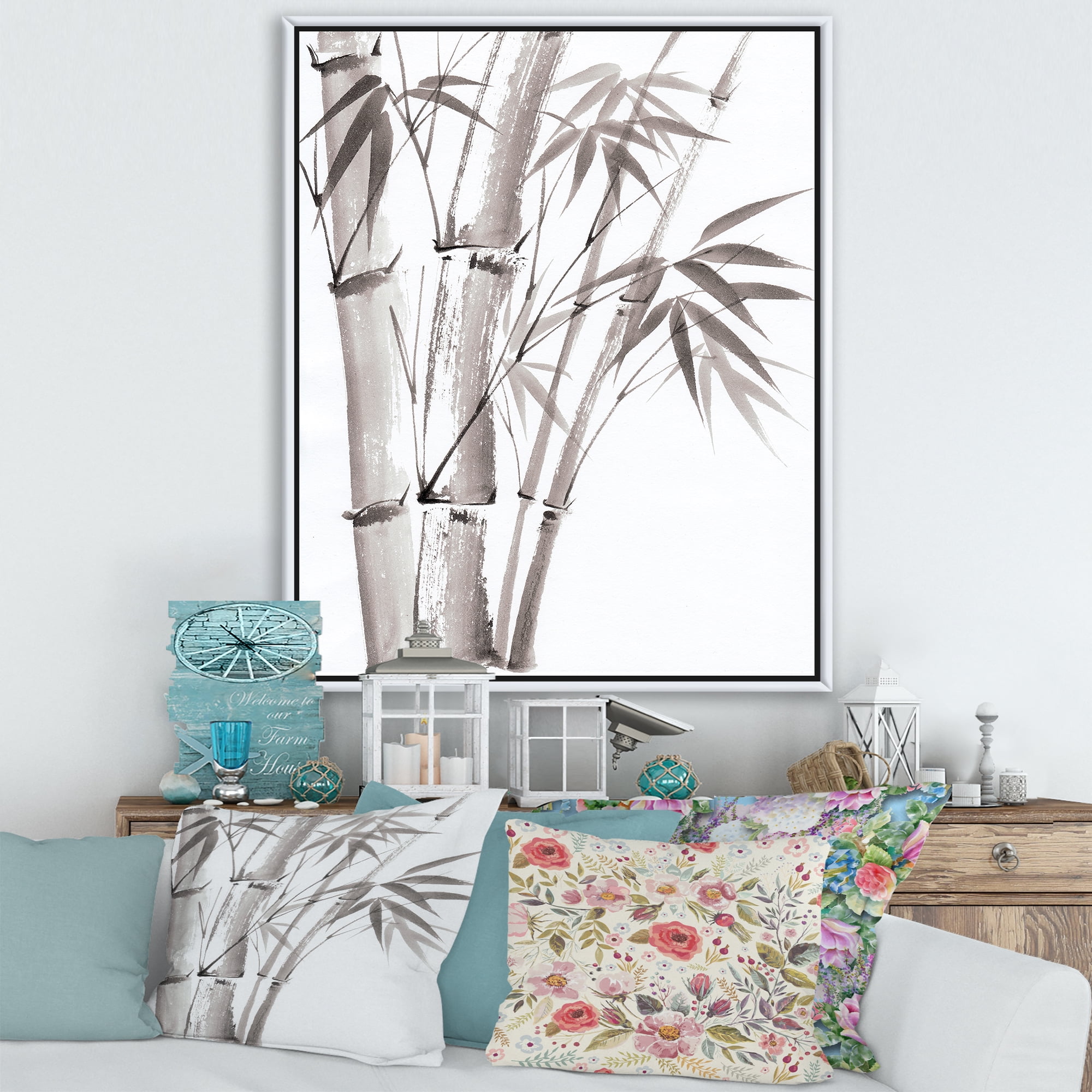 Palm Bamboo Detail On White III 30 in x 40 in Framed Painting Canvas Art Print, by Designart