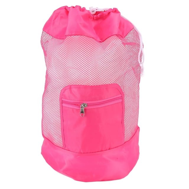 Bolsa de playa grande de malla rosa plegable con cordón para guardar arena, conchas y pícnics, perfecta para acampar