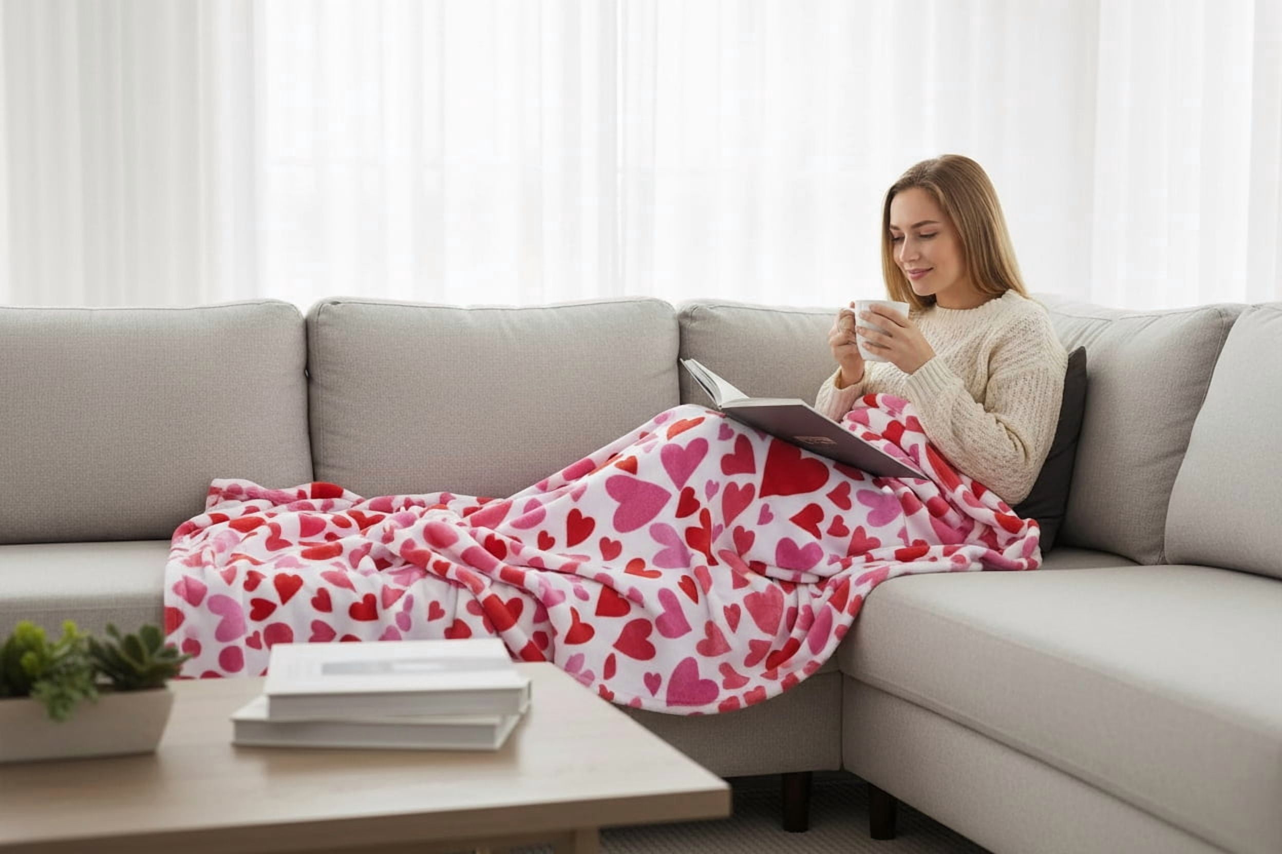 Serafina Home Hearts Throw Blanket: Contemporary Pink and Red Hearts, Microfiber Fleece Velour, Accent for Couch Sofa Bed (Pink Red Hearts)