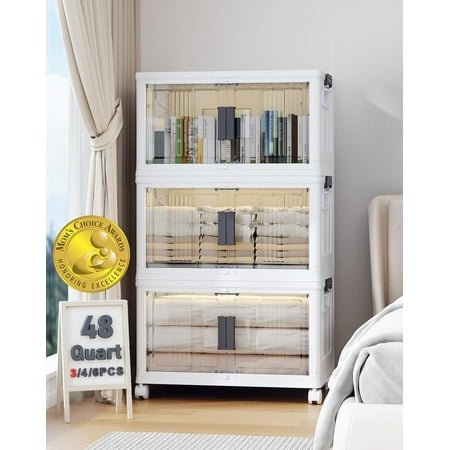 144QT Lockable Storage Bins with Lids - Folding Storage Cabinet with Doors and Wheels, Collapsible Plastic Box for Closets, Office, Stackable Organizer and Containers, Gifts, 3 Pack Cubes