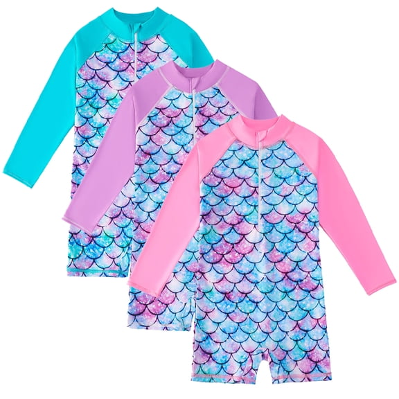 KYAIGUO Toddler Girls Long-Sleeved Swimsuit for 3-10 Years One Piece Swimwear with Zipper Sun Protection Beach Sets for Kids