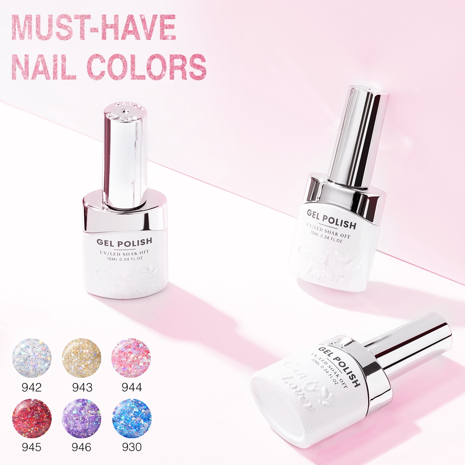 Candy Lover Gel Nail Polish, 6 Colors Glitter Rainbow Blue Purple Pink Red UV Gel Polish Set, Soak Off Nail Polish Gel for Women Girls DIY Salon Nail Art