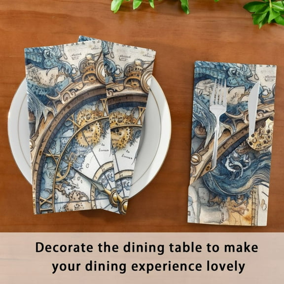 BZSMCE Satin Native Fab Cotton Dinner Napkin Antique Clock Printing Reusable