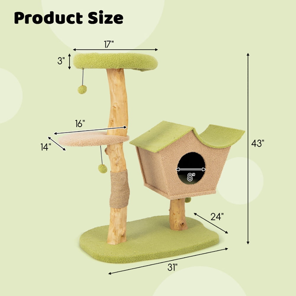 Yardi Yard Cat Tree, 43 Inch Wooden Cat Tree with Padded Top Perch-Green, Cat Tower condo for Indoor Cats