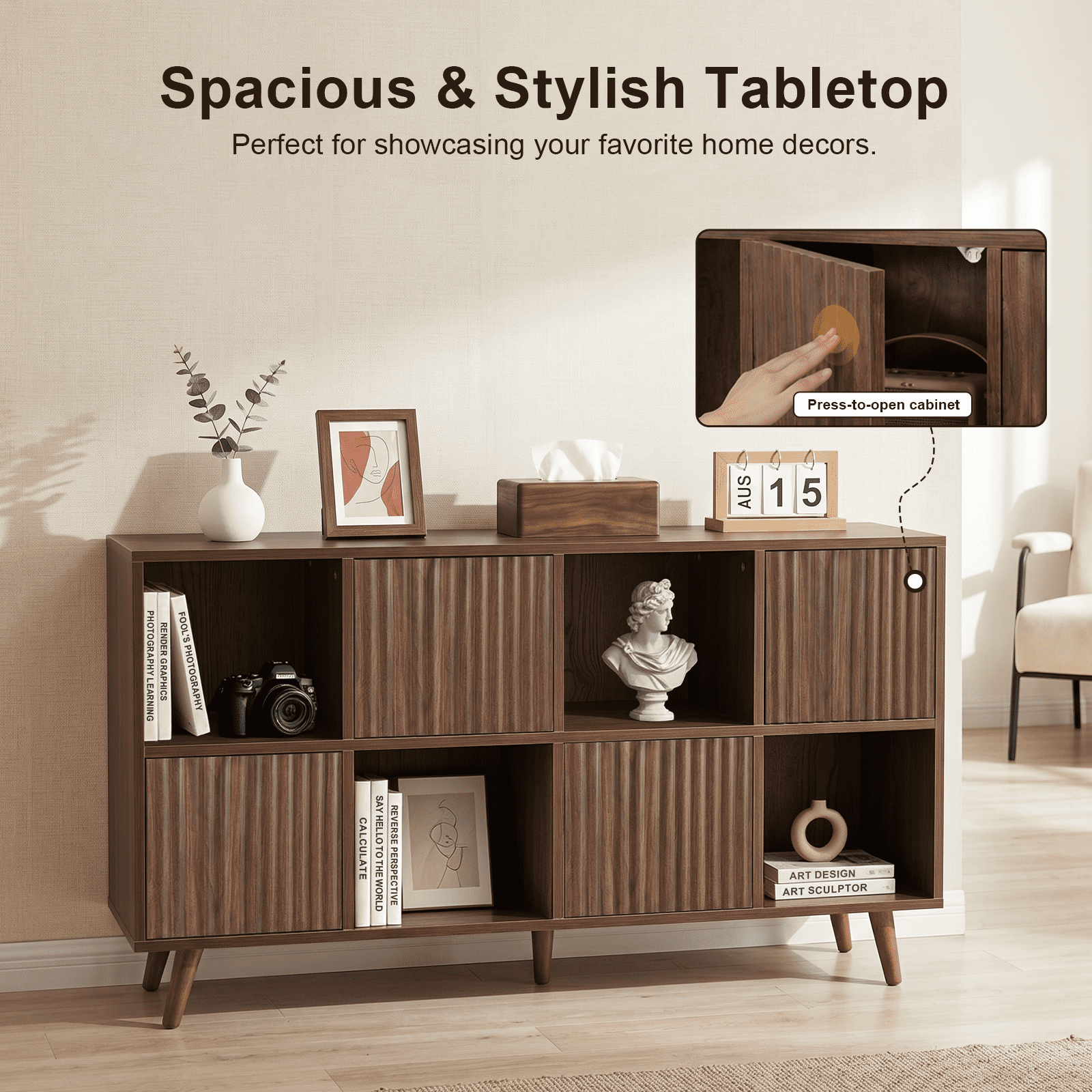8 Cube Storage Organizer, Bookcase Storage Cabinet with 4 Doors, Freestanding Cube Shelf Organizer for Books Decor in Living Room Bedroom Office, Walnut