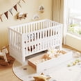 thumbnail image 3 of Euroco 4-in-1 Convertible Crib, Baby Crib with Drawers, Crib to Full Size Platform Bed, Wood and Metal, White, 3 of 17