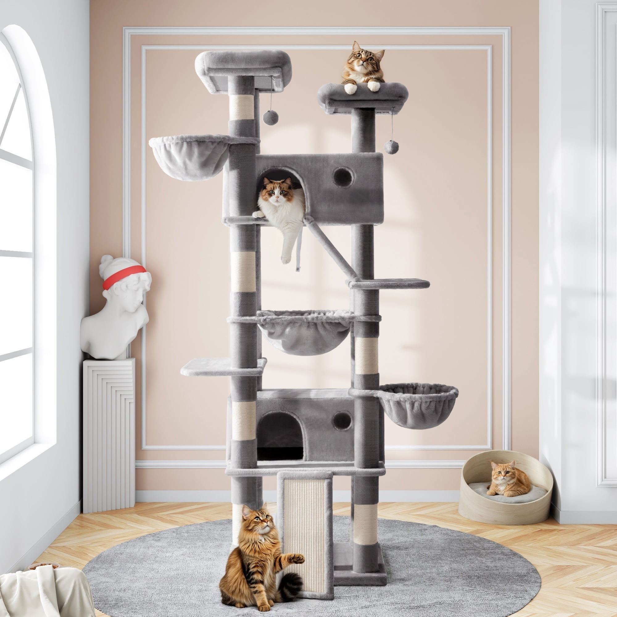 Amolife 81" Large Cat Tree Tower for Large Cats with Cat Condo Hammock, 2 Scratching Ramps, 6 Scratching Posts, Grey