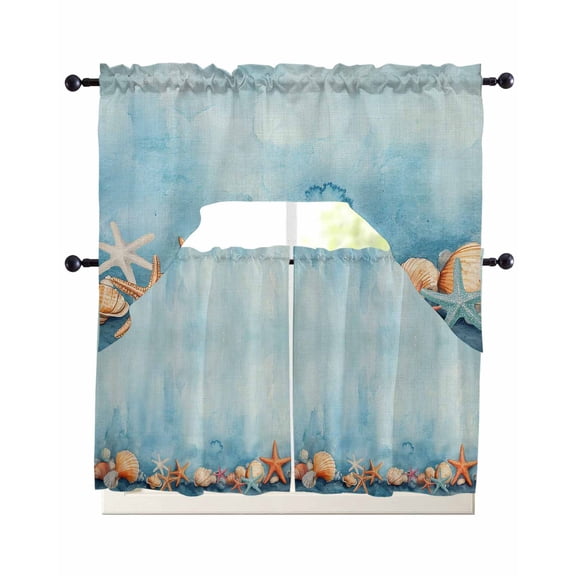 Coastal Starfish Kitchen Curtains Swag Valance and Tier Curtains Set 24 Inch Length, Retro Blue Ocean Shell Watercolor Rod Pocket Drape Panels Pair Swag Curtain for Bathroom/Cafe/Window