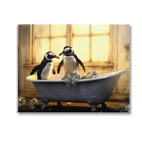 Stupell Industries Penguins in Sunlit Bath Animals & Insects Painting Gallery Wrapped Canvas Art Print Wall Art, 20 x 16