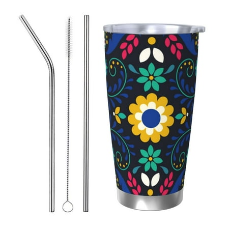 

Goofa Colorful Mexican Flower for 20 oz Skinny Tumbler Stainless Steel Coffee Mug Slim Vacuum Insulated Travel Cup Car Cup-Straw Three-piece Set