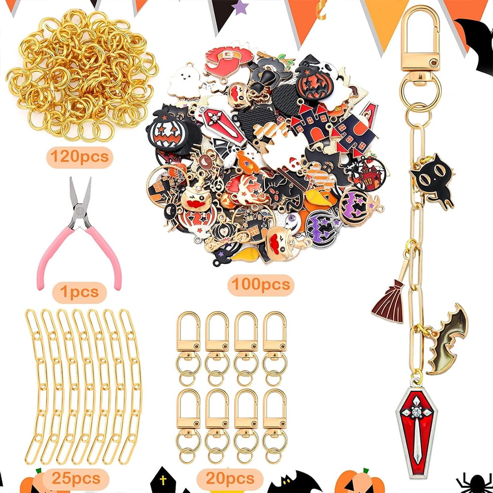 Januofit 286 Pieces Halloween Charms Keychain Making Kit Halloween Ghost Black Cat Bat Witch Hat Charms for DIY Carfts Keychains Jewelry Making Adult Party Favor Women Bag Gifts