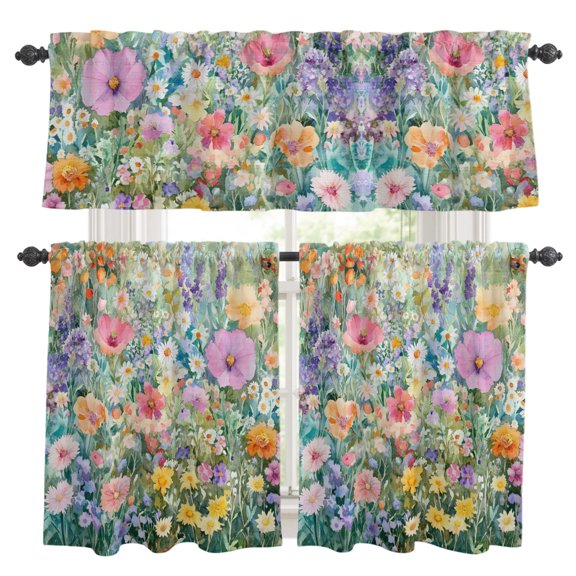 Floral Botanical Kitchen Curtains and Valances Set, Summer Colorful Blossoms Romantic 3 Piece Curtains Valances and Tiers Set Rod Pocket for Kitchen Bathroom Windows 36 Inch