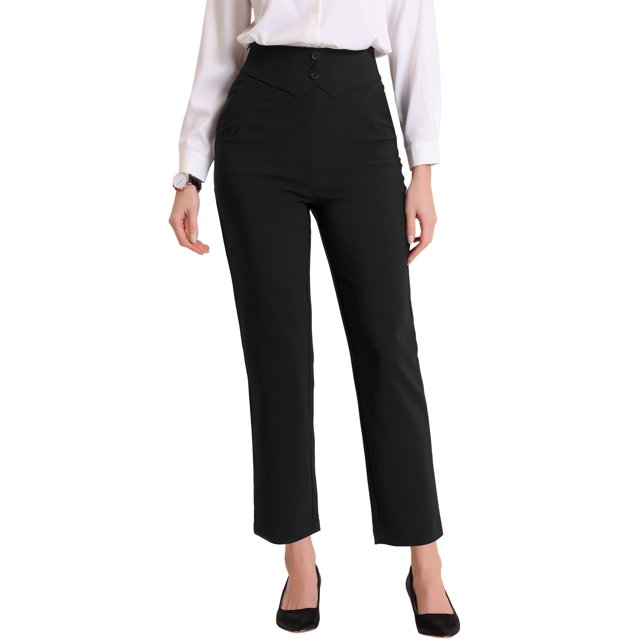 Pantalones de negocios elegantes INSPIRE CHIC para mujeres con cintura elástica y decoración de botones, pantalones de trabajo de pierna recta negros L