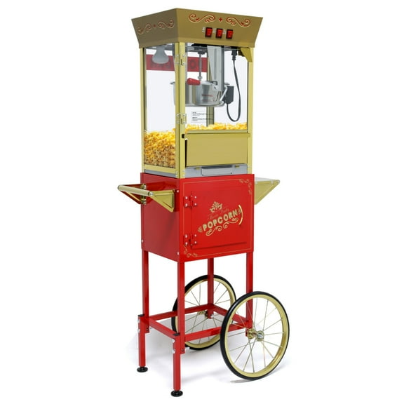 QEEKA 12 Oz Vintage Style Popcorn Machine with Cart - Stainless Steel Kettle,Tempered Glass Window & 8" Warming Shelf,for Theater,Parties and Concession Stands,Red-Golden