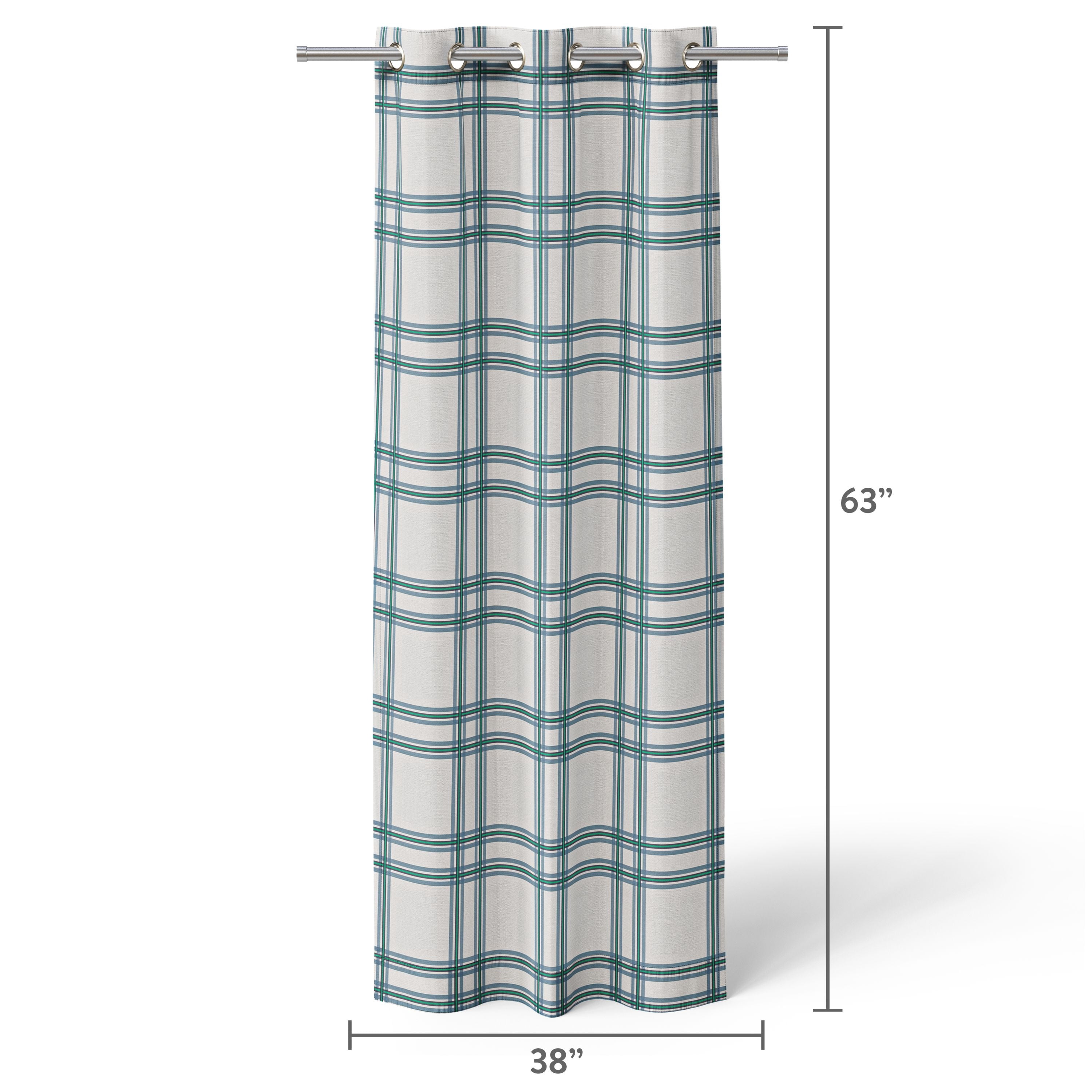 Mainstays Kids White and Blue Plaid Check Light-Filtering Grommet Single Curtain Panel, 38 in W x 63 in L