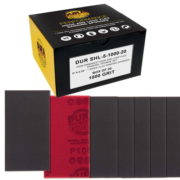 Dura-Gold 1000 Grit 5" x 2-3/4" Sanding Sponges, Box of 10 - Performance Hook & Loop Wet or Dry Flexible Sandpaper Sponge Pads - For Hand Sanding Blocks, Palm Sanders - Polish Metal, Auto Paint, Wood