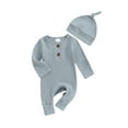 thumbnail image 1 of EYIIYE Infant Baby Girls Boys Basic Romper 0-6M Newborn Long Sleeve Bodysuit Crew Neck Overalls Solid Color Ribbed Button Jumpsuit with Hat Spring Autumn, 1 of 9