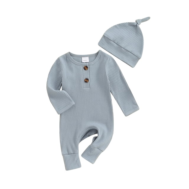 EYIIYE Infant Baby Girls Boys Basic Romper 0-6M Newborn Long Sleeve Bodysuit Crew Neck Overalls Solid Color Ribbed Button Jumpsuit with Hat Spring Autumn