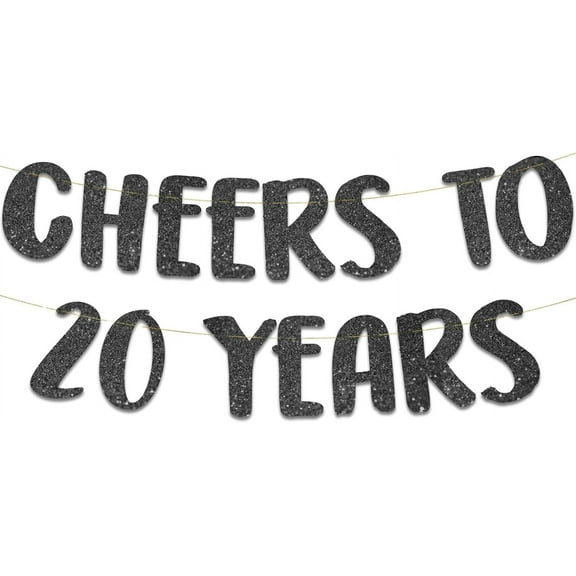 Cheers to 20 Years Black Glitter Banner - 20th Anniversary and Birthday Party Decorations