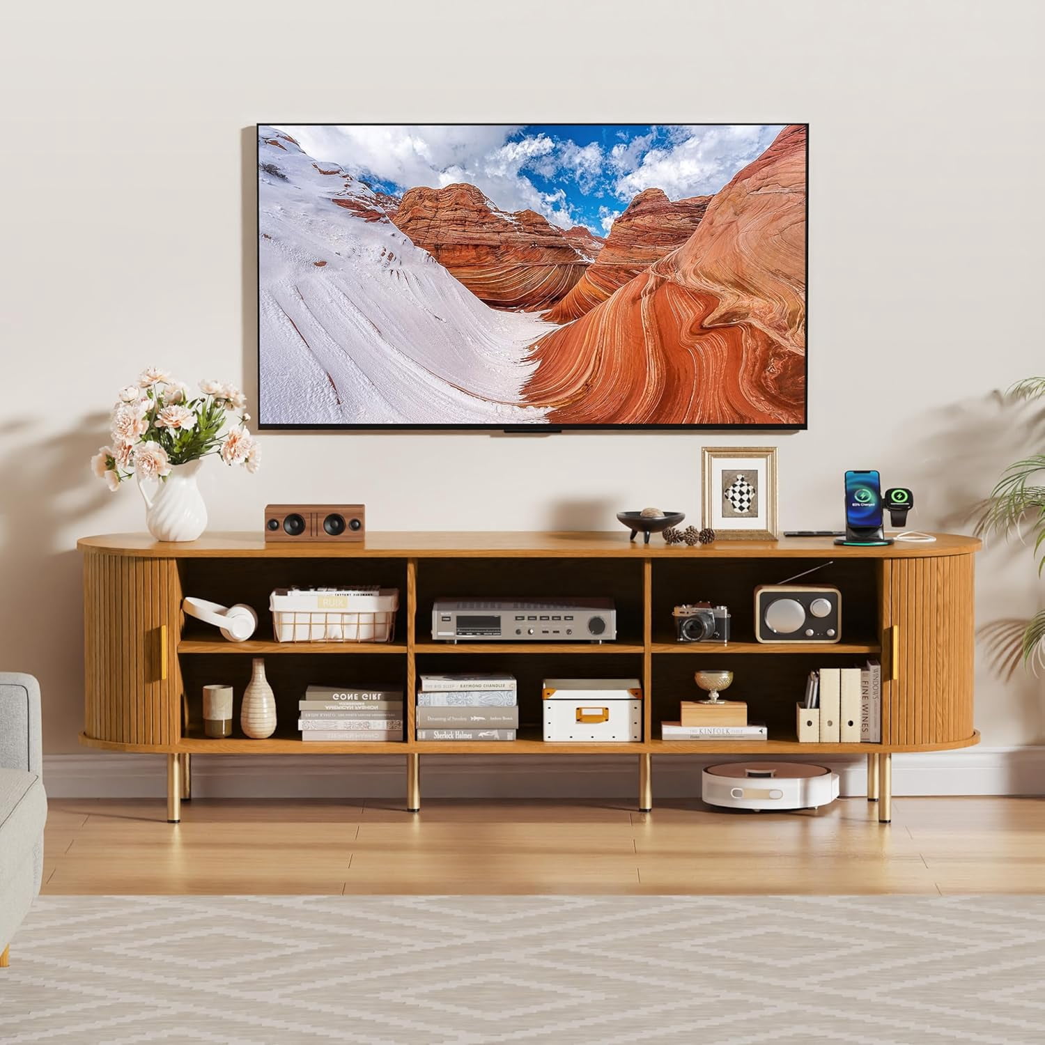 TV Stand with Power Outlet for TVs up to 75 Inch, Modern Entertainment Center with Storage, Adjustable Shelves & Sliding Doors, Media Console for Living Room Bedroom (Yellow Walnut, 71 Inch)