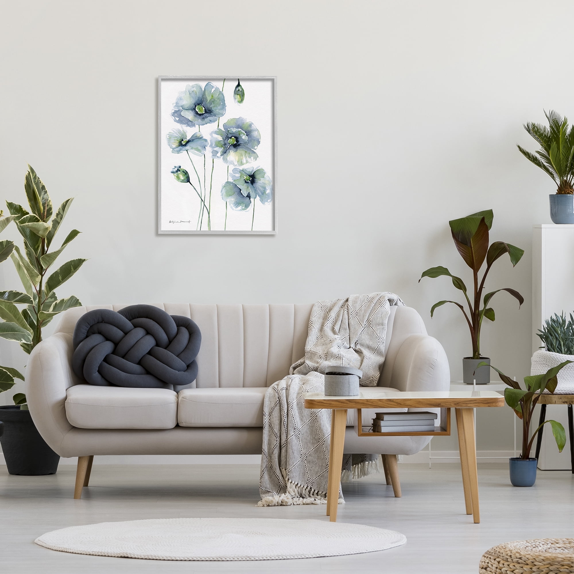Stupell Modern Blue Layered Flower Buds Botanical & Floral Painting Gray Framed Art Print Wall Art