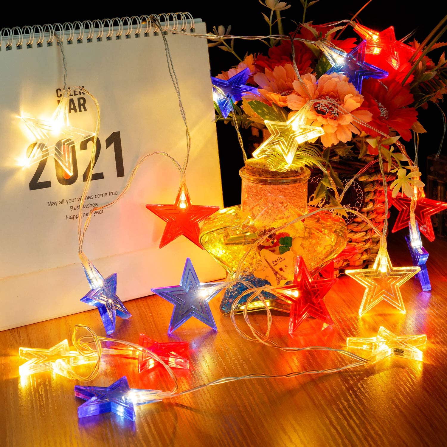 Jelly Comb 9.8ft Fourth of July Lights Patriotic LED Star String Lights Battery Operated Indoor 