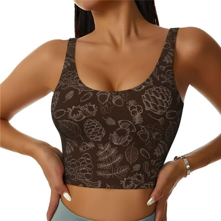 Qokaie Autumn Brown Plants Pattern Womens Scoop Neck Sports Bra Breathable Workout Vest Padded U Back Medium Impact Fitness Gym Yoga Bra Workout Crop Top-XX-Large