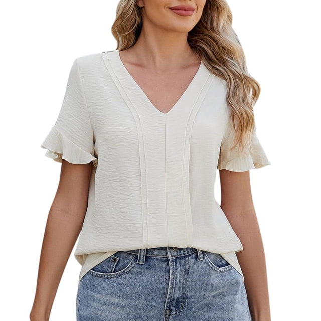 Mode Femme T-Shirt Col en V - Ajusté, Manches Courtes avec Ourlet à Volants pour Style Décontracté