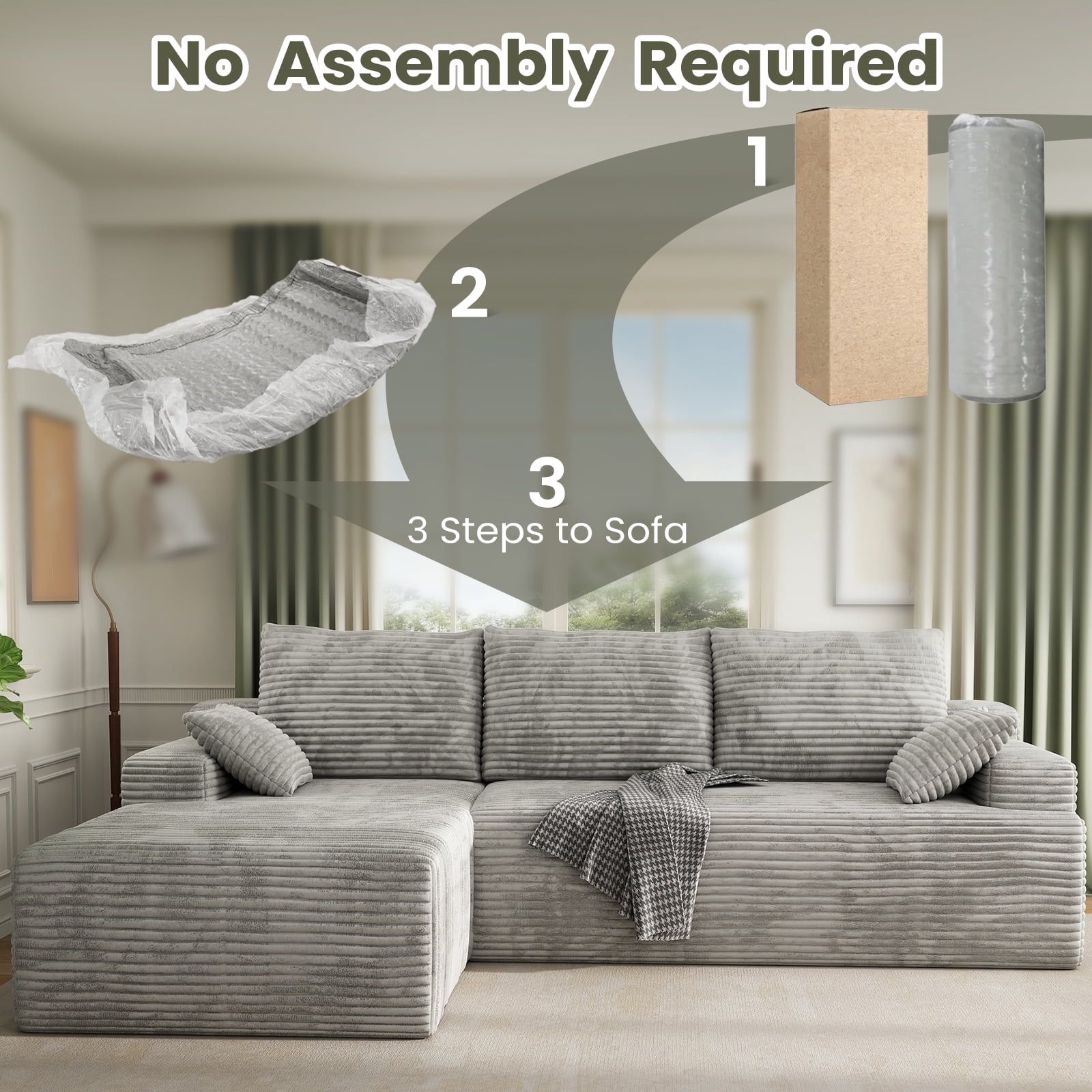 104" Cloud Sectional Couch with L-Shape Chaise, Modern Modular Sofa with Deep Seat, Upholstered Couches with Back Cushion for Living Room Bedroom, No Assembly Required, White Grey (Corduroy Fabric)