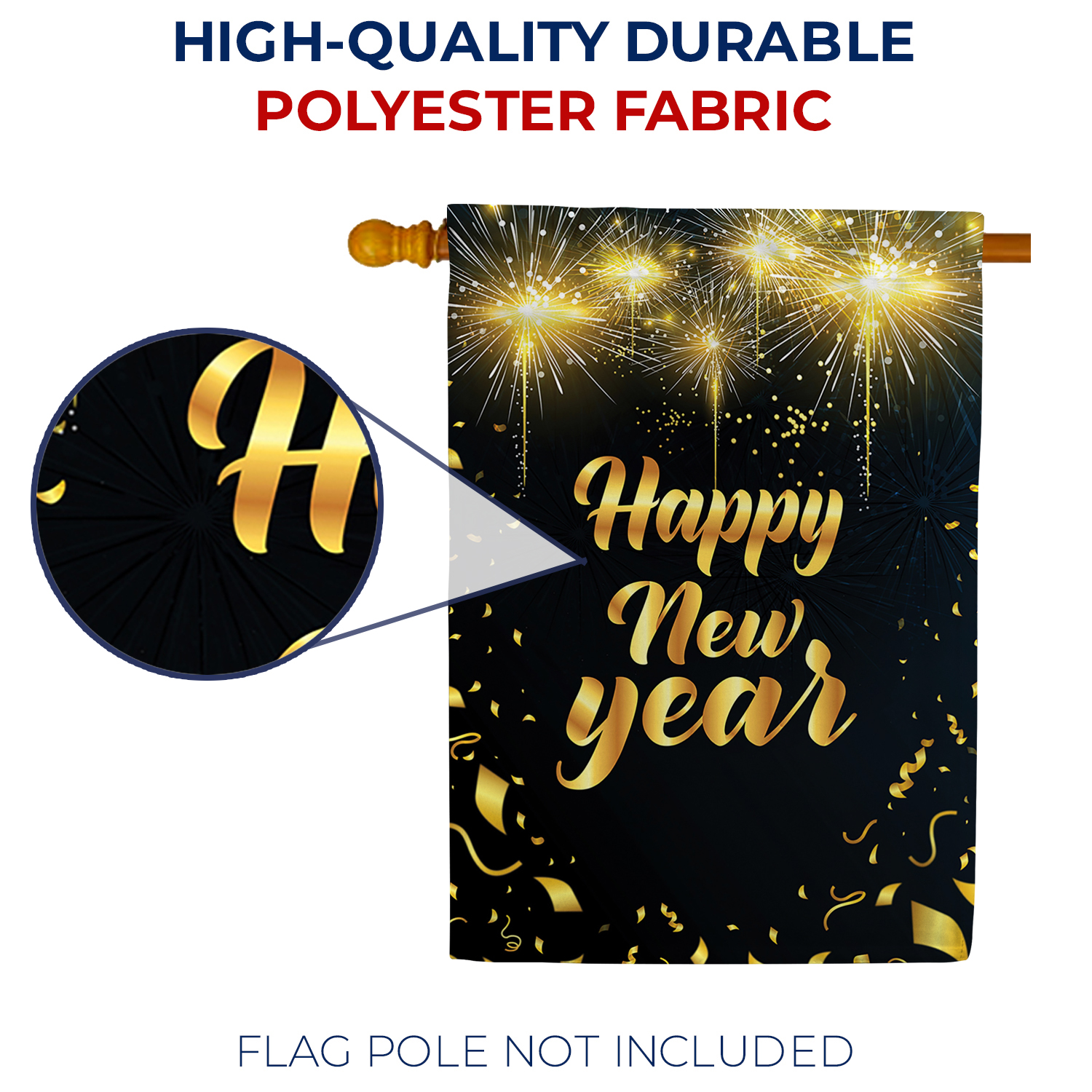 America Forever Happy New Year Golden Confetti House Flag, 28 x 40 inch Double Sided, Fireworks Banner, Black Background Outdoor Decor, Celebration Yard Decorations, Elegant Party Design