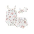 thumbnail image 2 of Musuos Baby Girls 3Pcs Summer Outfits, 3 6 12 18M Floral Sleeveless Strap Romper + Shorts + Headband Set, 2 of 10