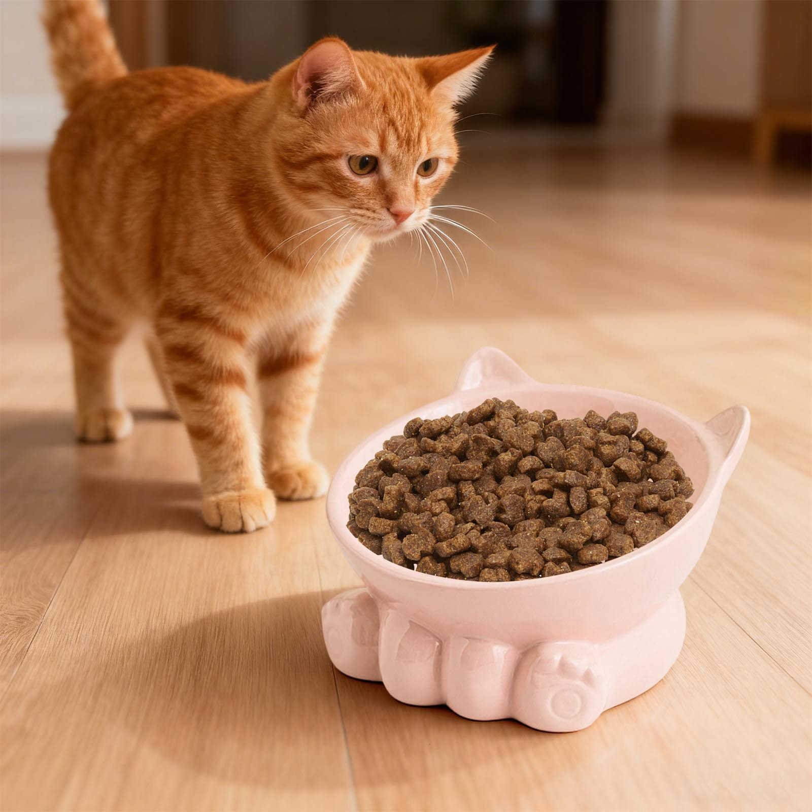 Cute Anti-Choke Cat Bowl with Cervical Spine Protection, Non-Spill and Non-Tip Design, Prevents Black Chin, Ceramic Material