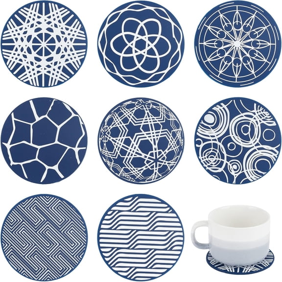 Drink Coasters Set of 8 Blue Round Silicone Rubber Cup Pad 3.78inch Waterproof Non-Slip Cup Mat Decorative Cup Coasters for Coffee Cup Wine Glass Bottle Home and Bar Midnight Blue