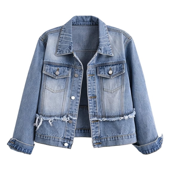 HAOTAGS Women Denim Jacket,Long Sleeve Lapel Solid Color Casual Jean Jacket Blue Size M