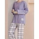 thumbnail image 2 of Conjunto De Pijama Con Cuello Redondo Y Estampado A Cuadros, Camiseta De Pijama Informal De Manga Larga Y Pantalón Largo Cómodo, Ropa De Dormir Y Ropa De Salón Para Mujer, 2 of 4