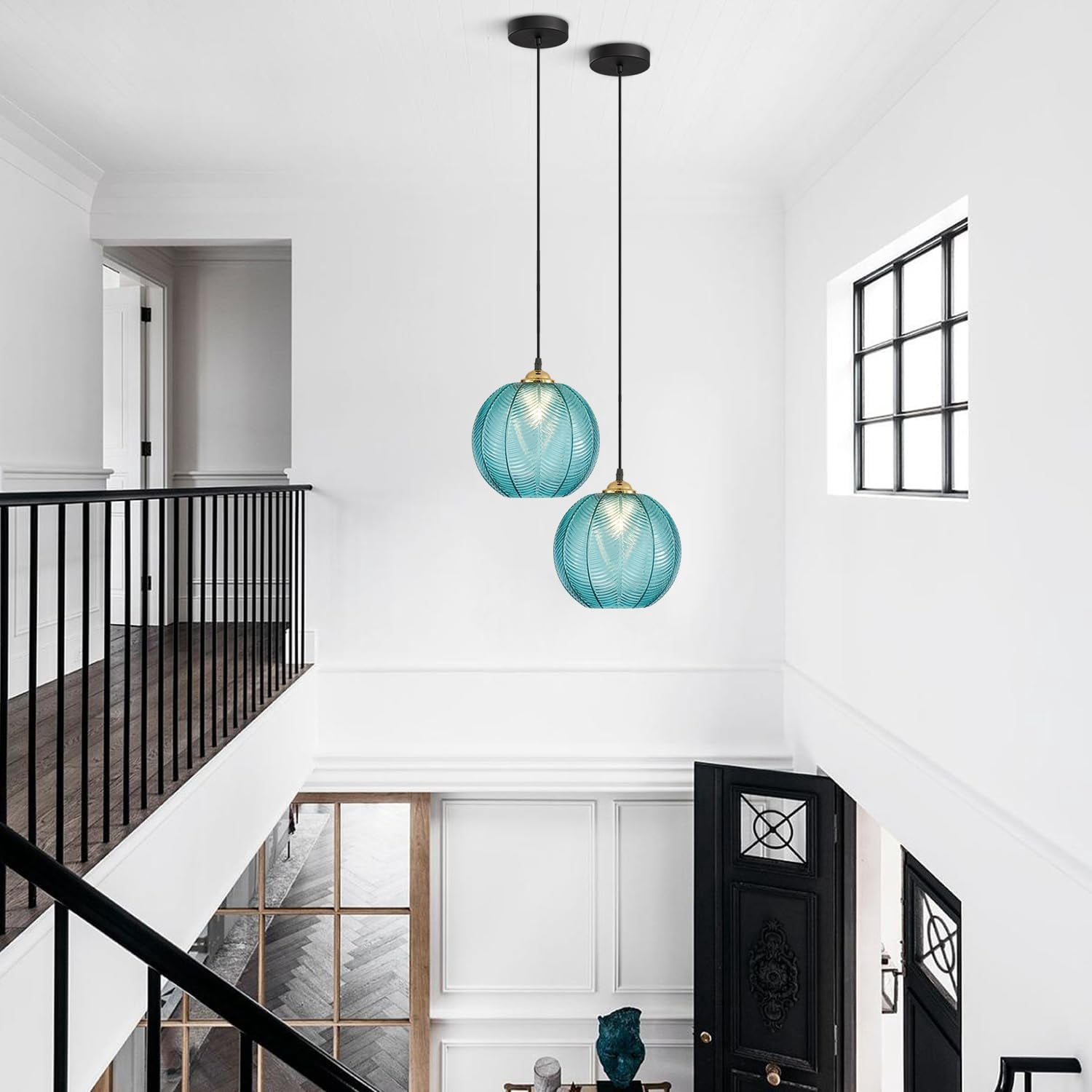 KCO Lighting Mid Century Modern Blue Large Globe Glass Pendant Light, Round Ceiling Hanging Lighting Fixture, Adjustable Cord