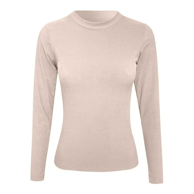 Fgnfyis T-Shirts à Manches Longues pour Femmes, Col Ras du Cou Extensible, T-Shirt Côtelé Ajusté, T-Shirts Basiques Décontractés pour Femmes, Beige, TG