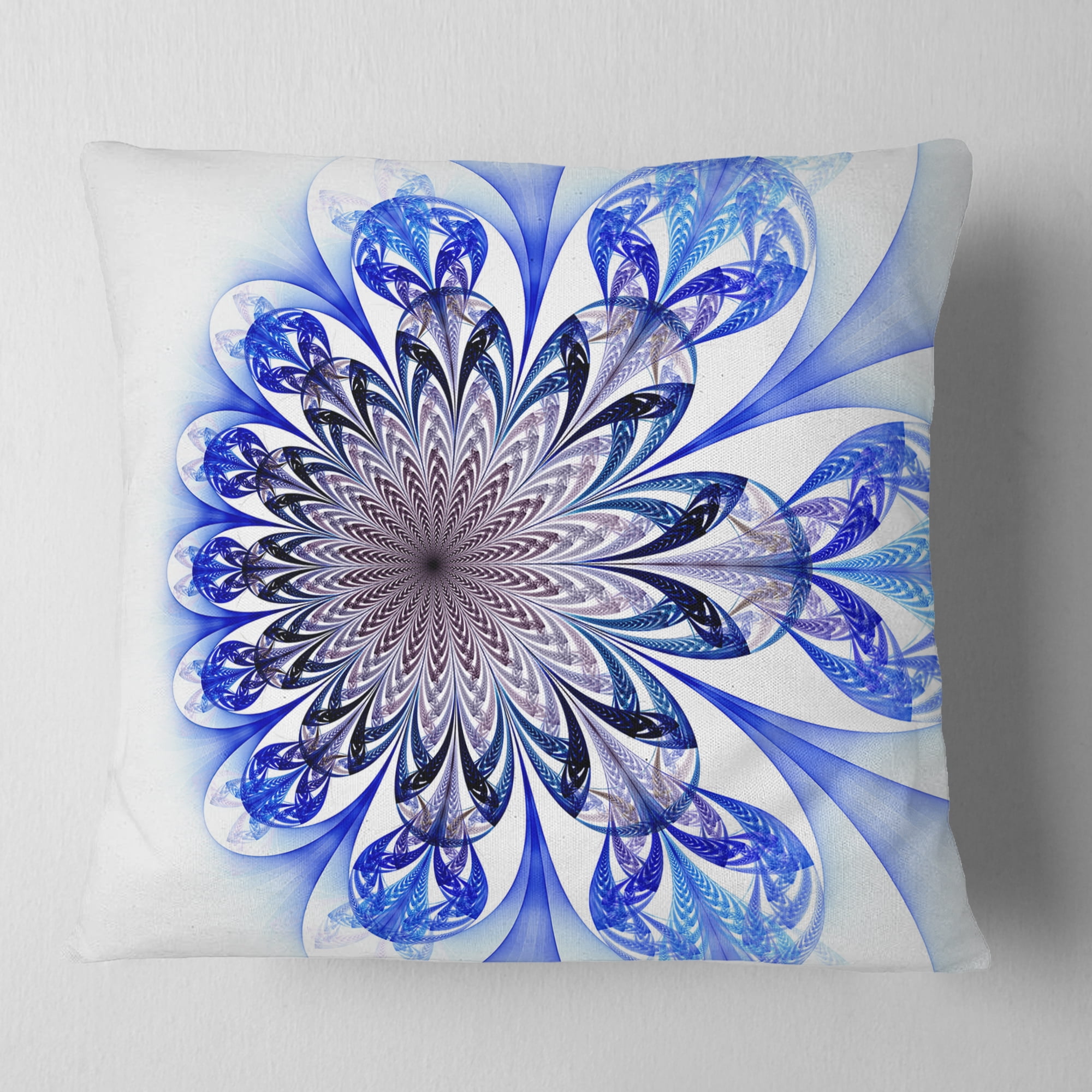Designart Light Blue Fractal Flower Digital Art - Floral Throw Pillow - 16x16